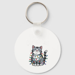 Meowy Christmas Cute Gray Tabby Cat Holiday Lights Key Ring
