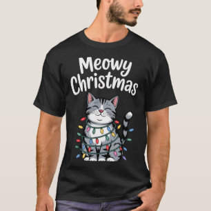 Meowy Christmas Cute Gray Tabby Cat Holiday Lights T-Shirt