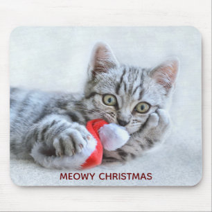 Meowy Christmas Cute Grey Tabby Cat Mouse Pad