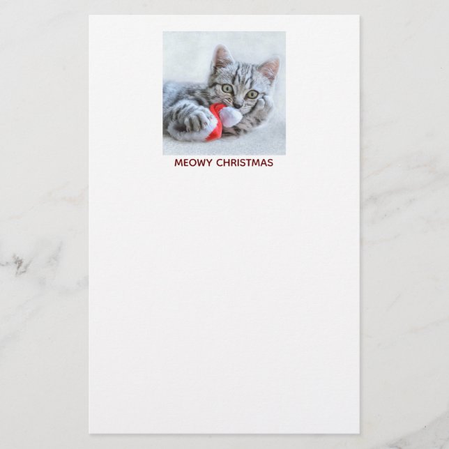 Meowy Christmas Cute Grey Tabby Cat Stationery (Front)