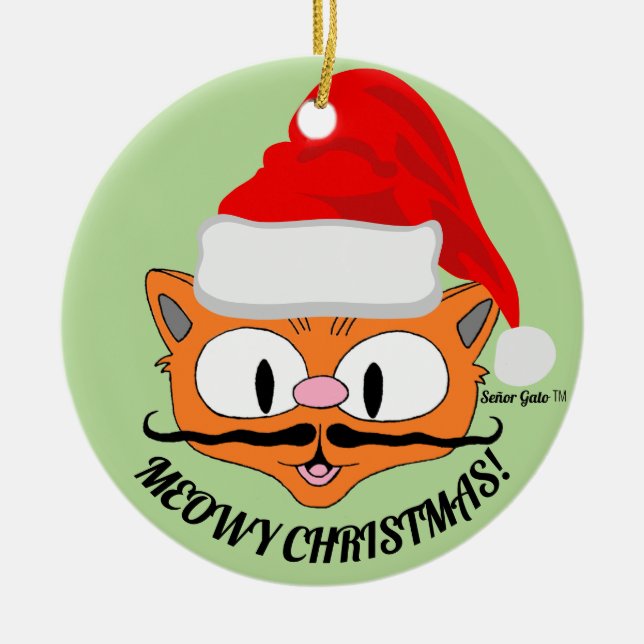 "MEOWY CHRISTMAS" Cute Moustache Cat Festive Ceramic Tree Decoration (Front)