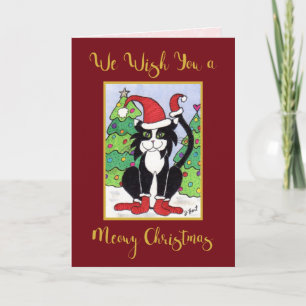Meowy Christmas Cute Tuxedo Cat Custom Holiday Card