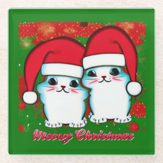 Meowy Christmas Cute White Kittens in Santa Hats Glass Coaster (Front)