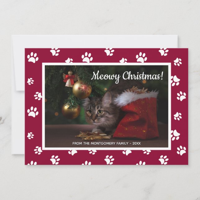 Meowy Christmas! Cute White Paw Prints Cat Photo Holiday Card (Front)