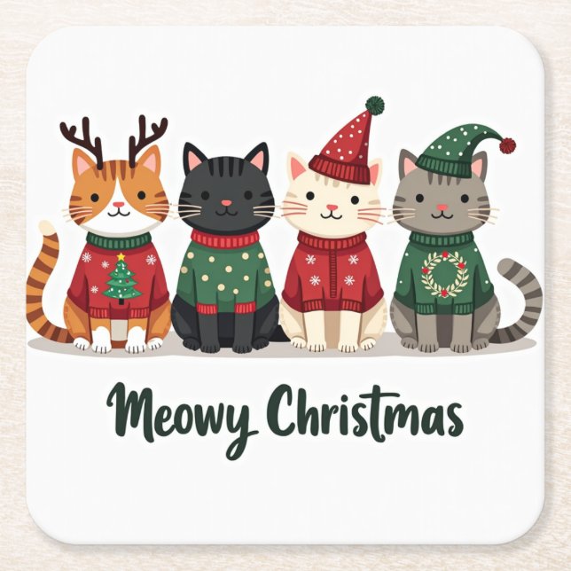 Meowy Christmas Four Cats Square Paper Coaster (Front)