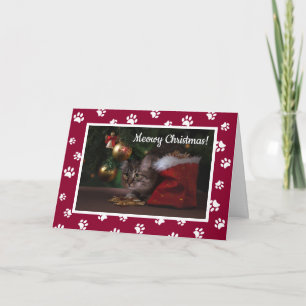 Meowy Christmas! Fun White Paw Prints Cat Photo Holiday Card
