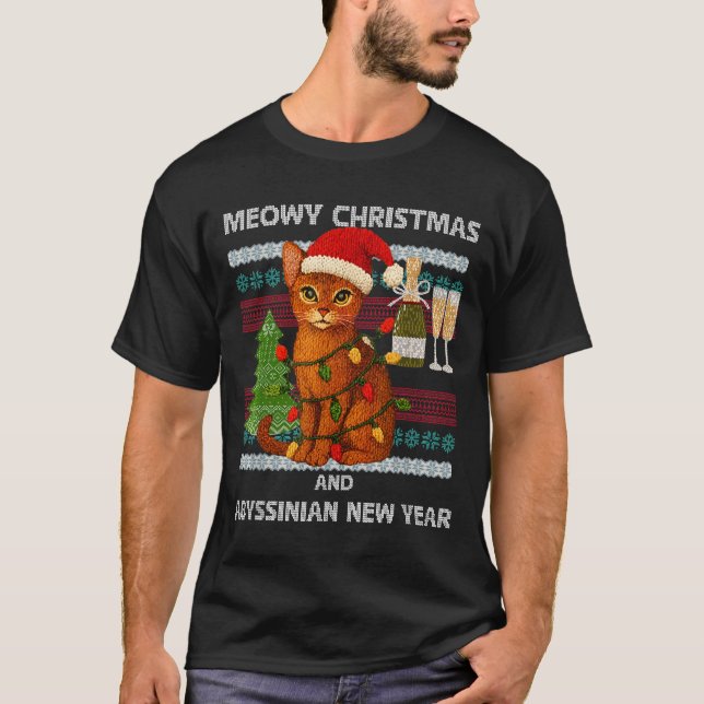 Meowy Christmas Funny Abyssinian Cat Santa Hat Ugl T-Shirt (Front)