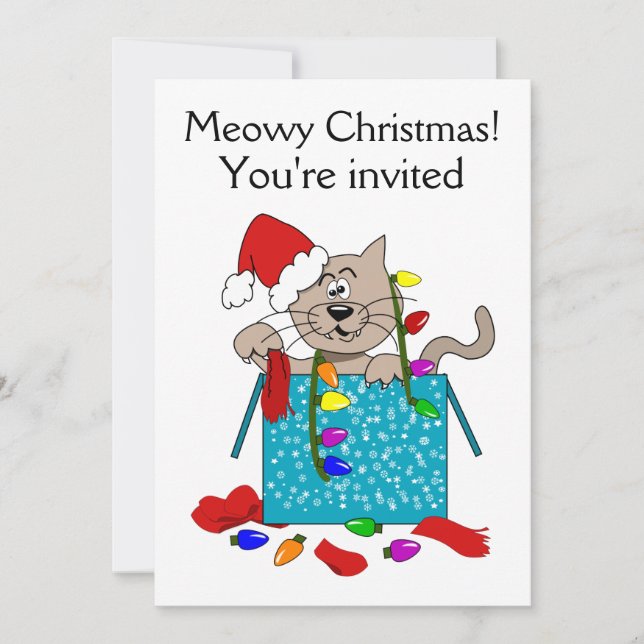 Meowy Christmas Funny Cartoon Cat Party Invites (Front)