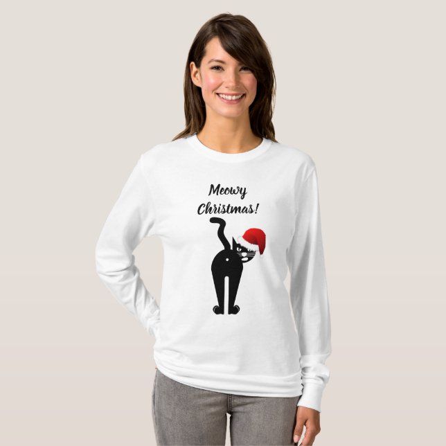 Meowy Christmas Funny Cat Humourous T-Shirt (Front Full)