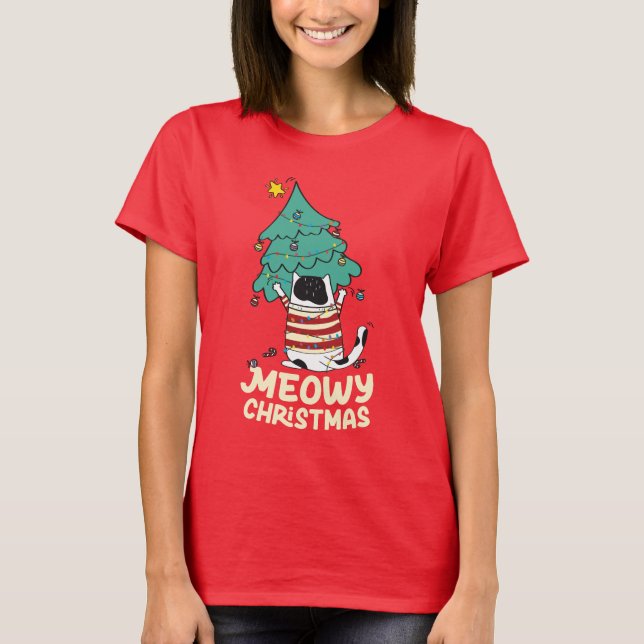 Meowy Christmas Funny Cat Lover  T-Shirt (Front)