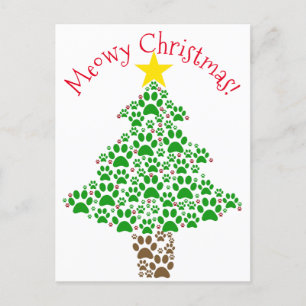 Meowy Christmas Funny Cat Paw Print Photo Holiday Postcard
