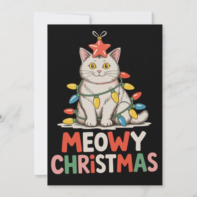 Meowy Christmas Funny Cute Cat Xmas Lights Holiday Card (Front)