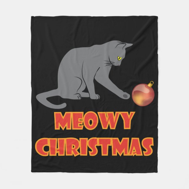 Meowy Christmas Funny Gray Cat Fleece Blanket (Front)