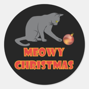 Meowy Christmas Funny Grey Cat Classic Round Sticker