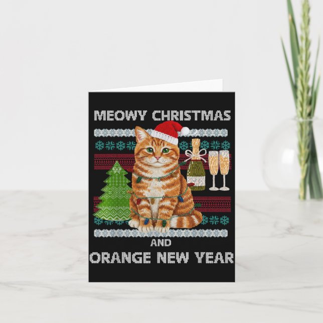 Meowy Christmas Funny Orange Cat Santa Hat Ugly Sw Card (Front)