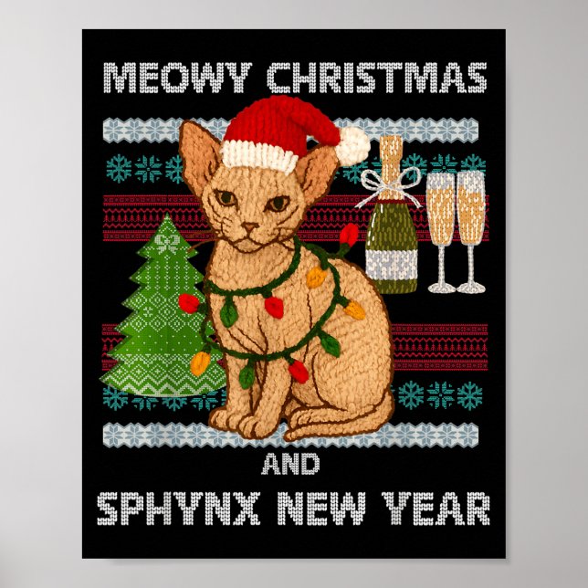 Meowy Christmas Funny Sphynx Cat Santa Hat Ugly Sw Poster (Front)