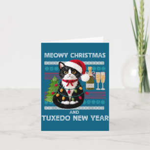 Meowy Christmas Funny Tuxedo Cat Santa Hat Ugly Sw Card