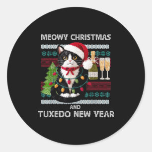 Meowy Christmas Funny Tuxedo Cat Santa Hat Ugly Sw Classic Round Sticker