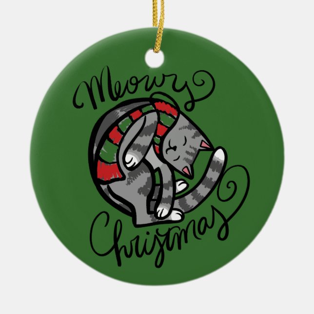 Meowy Christmas Grey Cat Art                       Ceramic Tree Decoration (Front)