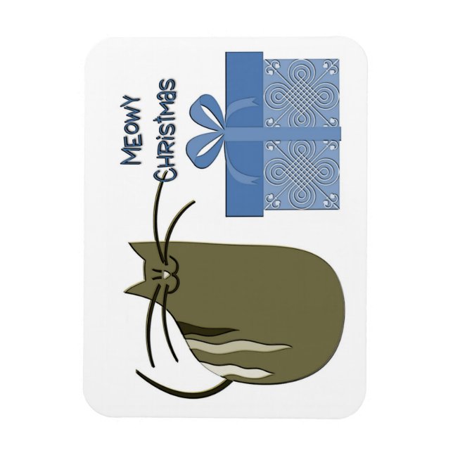 Meowy Christmas Grey Cat with Blue Gift Magnet (Vertical)