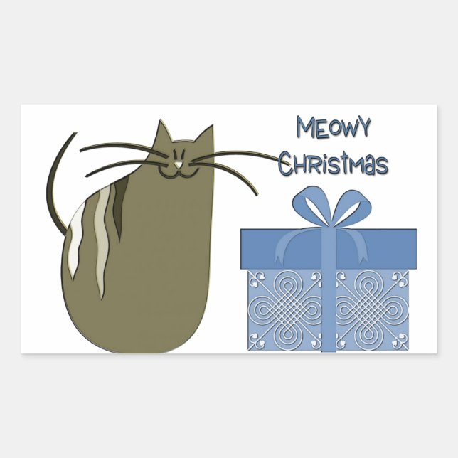 Meowy Christmas Grey Cat with Blue Gift Rectangular Sticker (Front)