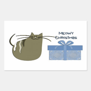 Meowy Christmas Grey Cat with Blue Gift Rectangular Sticker