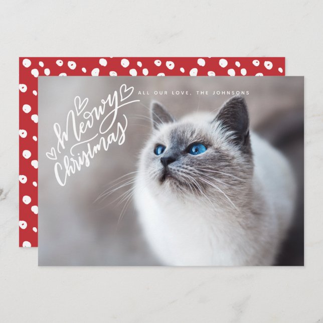 Meowy Christmas  Hand Lettering Cat Full Photo Holiday Card (Front/Back)