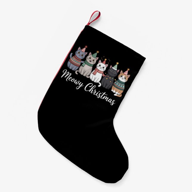 Meowy Christmas Happy Cat Year Cat Lover Xmas Small Christmas Stocking (Front (Hanging))