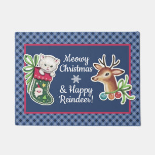 Meowy Christmas Happy Reindeer Door Mat blue