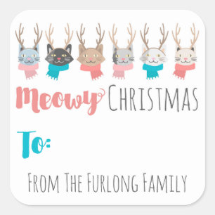 'Meowy Christmas' Holiday Cats Custom To & From Square Sticker