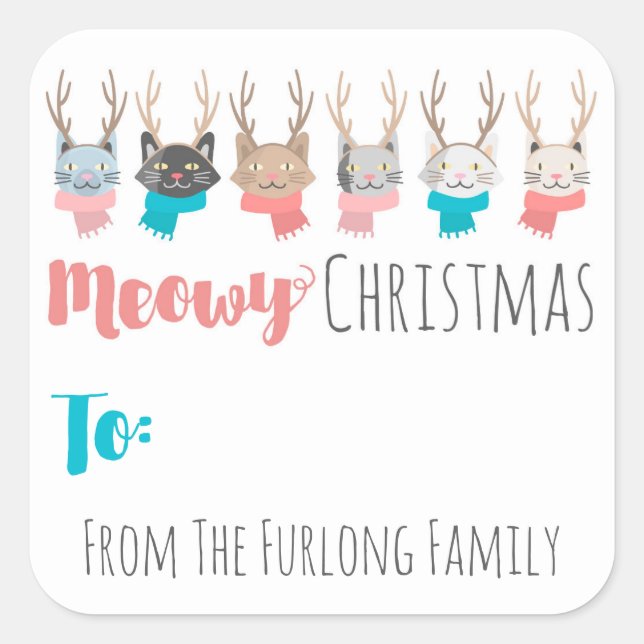 'Meowy Christmas' Holiday Cats Custom To & From Square Sticker (Front)