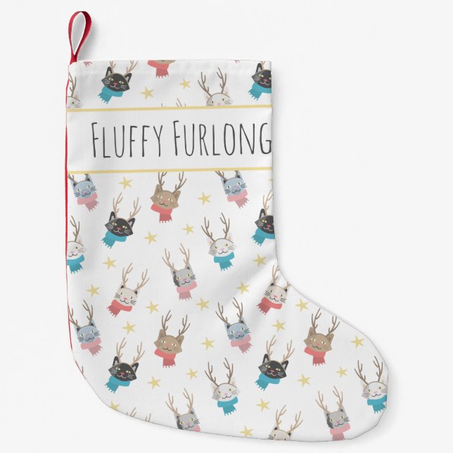 'Meowy Christmas' Holiday Cats In Antlers Custom Small Christmas Stocking (Front)
