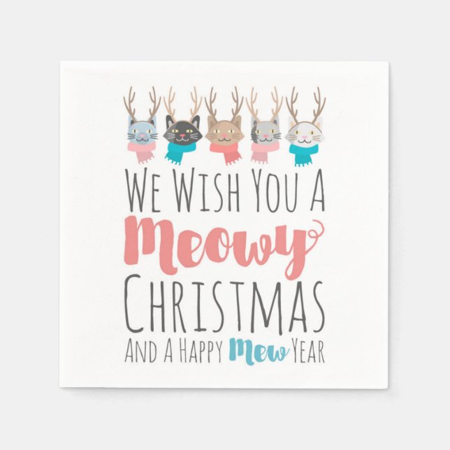 'Meowy Christmas' Holiday Cats In Antlers Funny Napkin (Front)