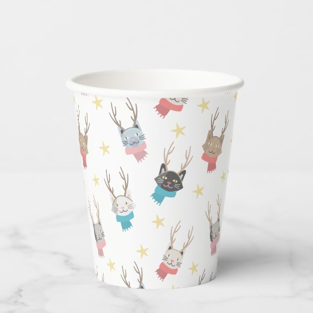 'Meowy Christmas' Holiday Cats In Antlers Pattern Paper Cups (Front)