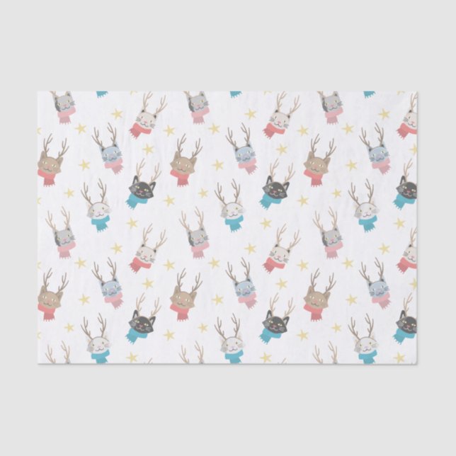 'Meowy Christmas' Holiday Cats In Antlers Pattern Tissue Paper (Front)