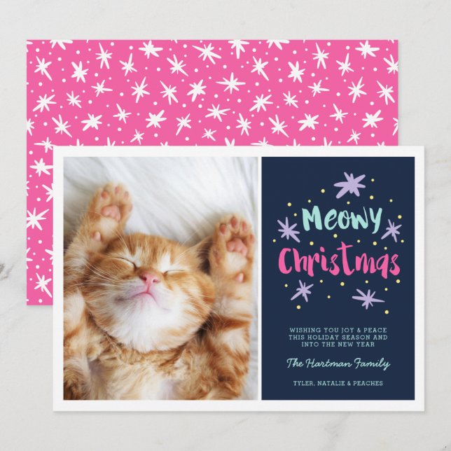 Meowy Christmas Kitty Modern Christmas Photo Pink Holiday Card (Front/Back)
