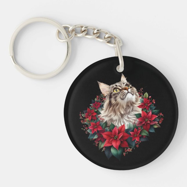 Meowy Christmas Maine Coon Cat  Key Ring (Front)