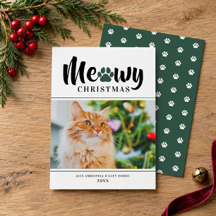 Meowy Christmas Modern Green Cat Photo Card