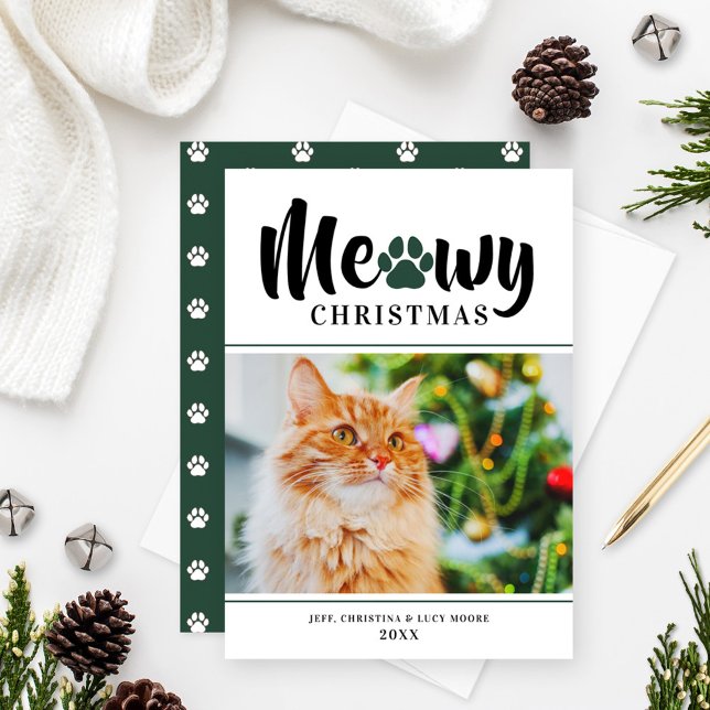 Meowy Christmas Modern Green Cat Photo Card (Creator Uploaded)