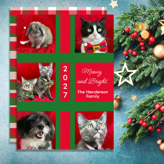 Meowy Christmas Multi Five Cat Photo Holiday Card