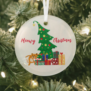 Meowy Christmas, Naughty Cat, Funny, Humour Glass Tree Decoration