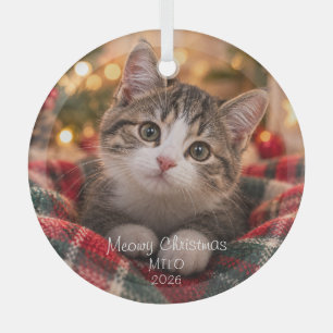 Meowy Christmas Personalised Cat Photo Plaid Glass Tree Decoration