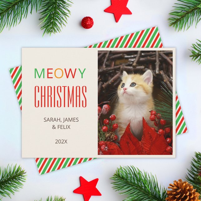 Meowy Christmas Pet Cute Kitten Photo Red & Green  Holiday Card (Creator Uploaded)