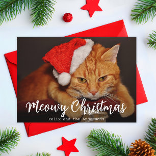 Meowy Christmas Pet Photo Cat with Red Santa Hat  Holiday Card