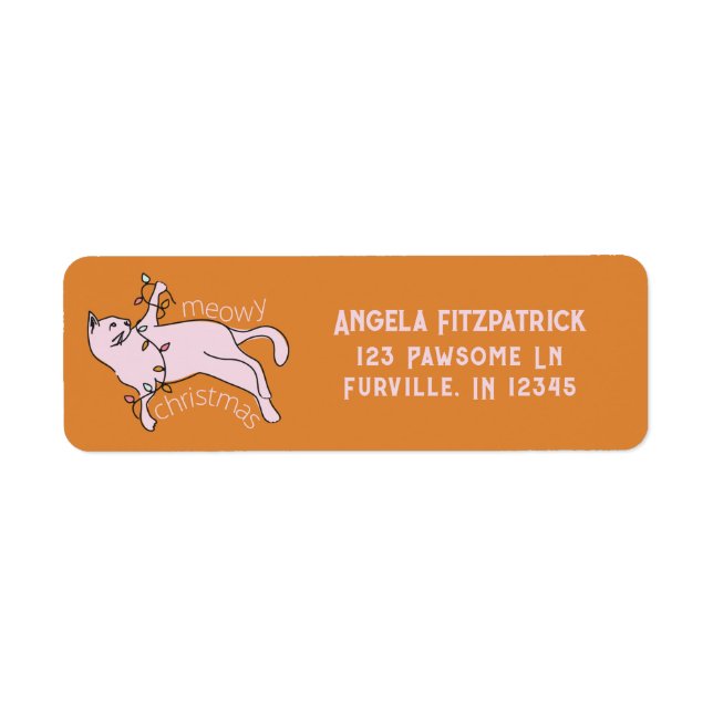 Meowy Christmas Pink Cat Lights Return Address (Front)