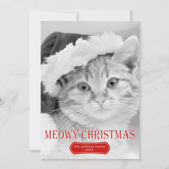 Meowy Christmas red cat pet Christmas photo Holiday Card (Front)