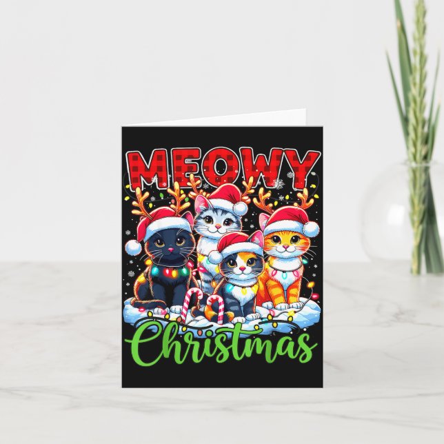 Meowy Christmas Reindeer Xmas Lights Santa Cat  Card (Front)