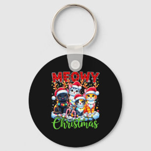 Meowy Christmas Reindeer Xmas Lights Santa Cat  Key Ring