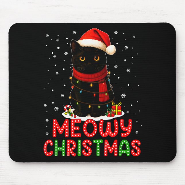 Meowy Christmas Santa Hat Funny Black Cat Men Wome Mouse Pad (Front)