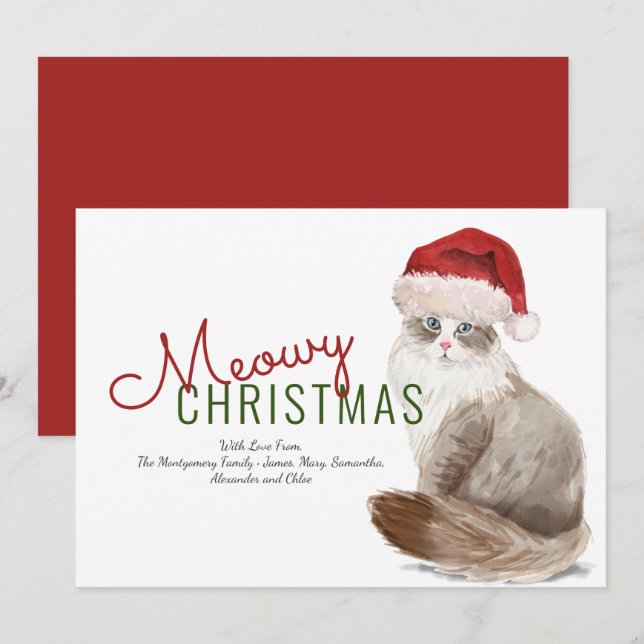 Meowy Christmas Siberian Cat Santa Hat Watercolor Holiday Card (Front/Back)